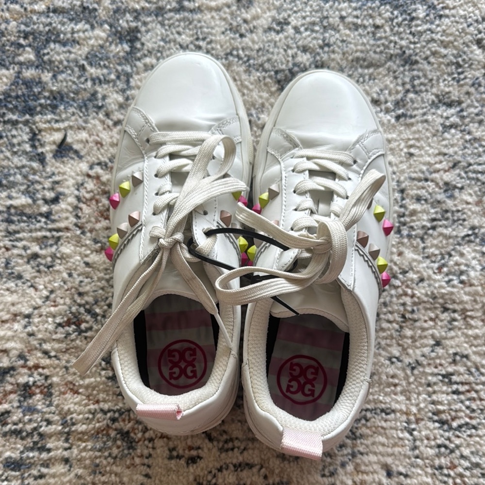 G/FORE White Sneakers with Pink and Yellow Studs